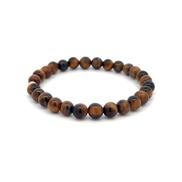 Gemstones Tiger's Eye 6mm Stretchable Bracelet 14k Gold Corrugated Bead Charm - Picture 3 of 6